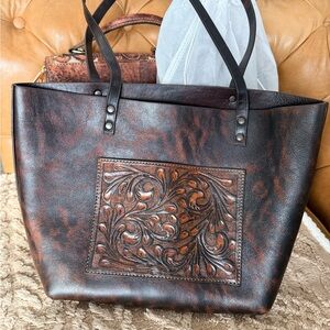 Hand tooled leather tote bag